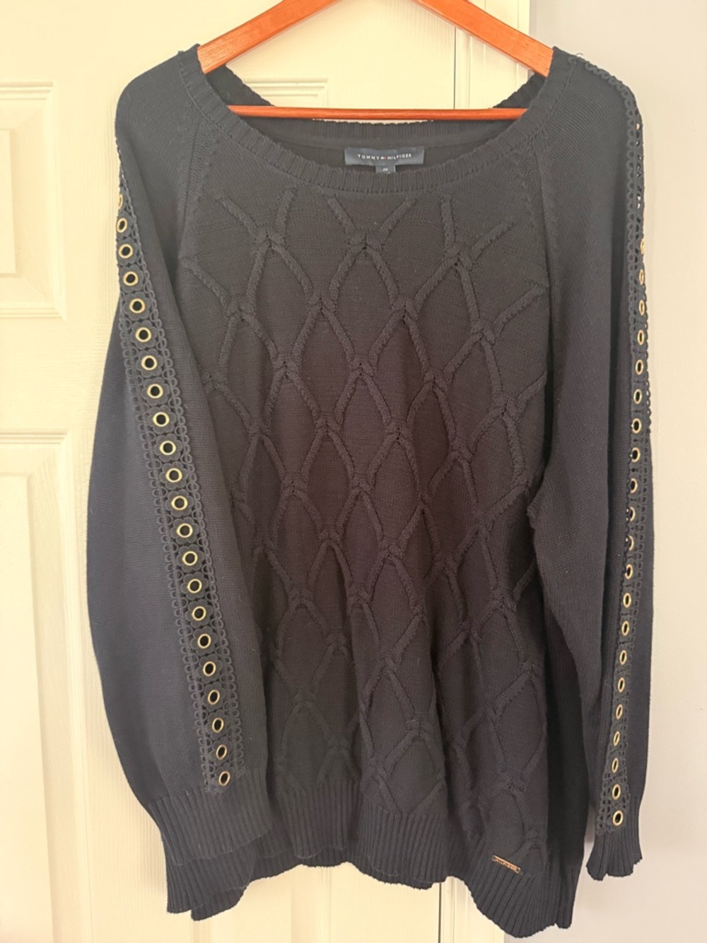 Tommy Hilfiger Navy Cable Knit Sweater with Grommet Detail
